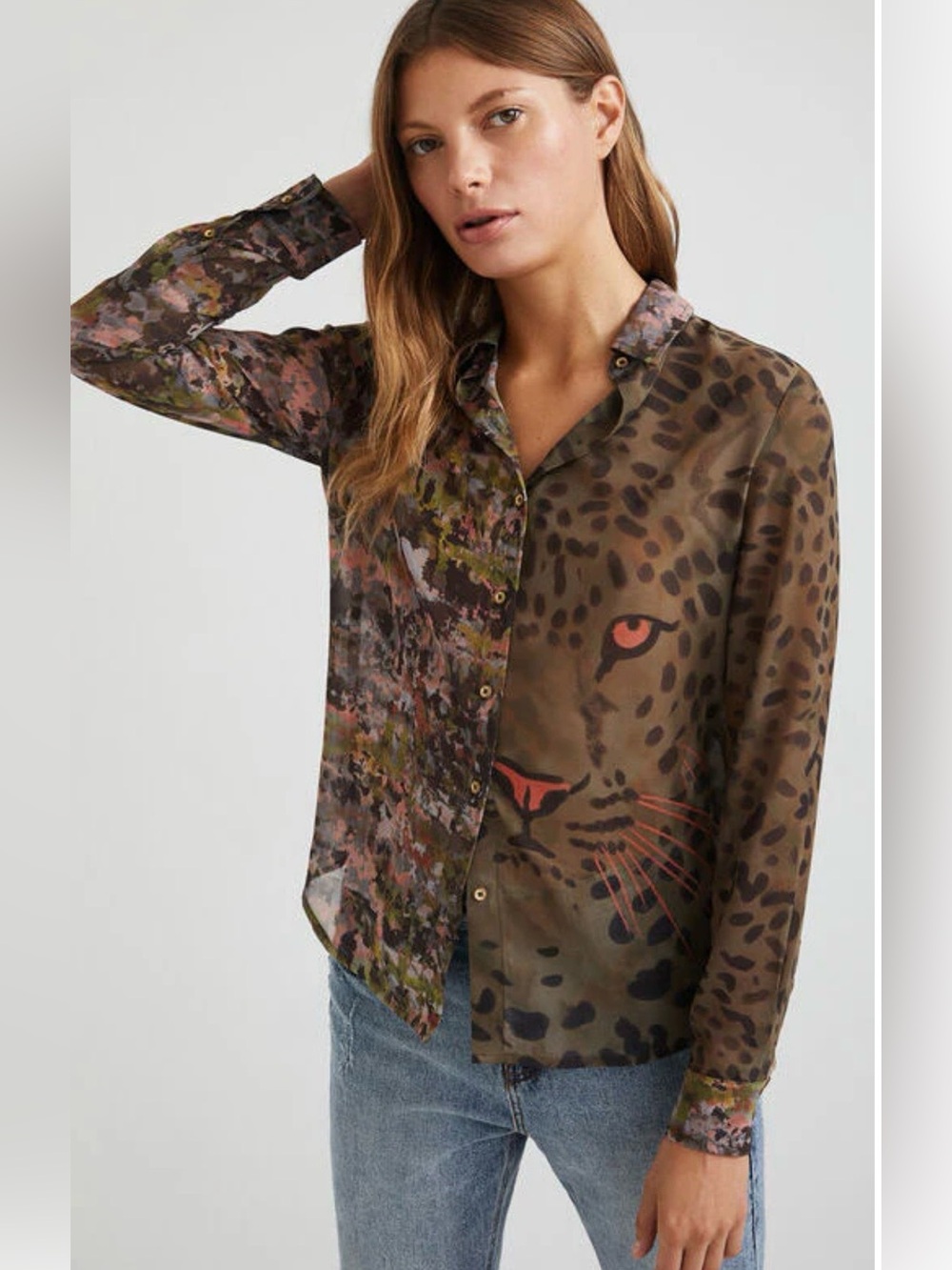 Desigual Daytona Shirt-mixed Pattern Leopard Face sheer Button-Down Shirt